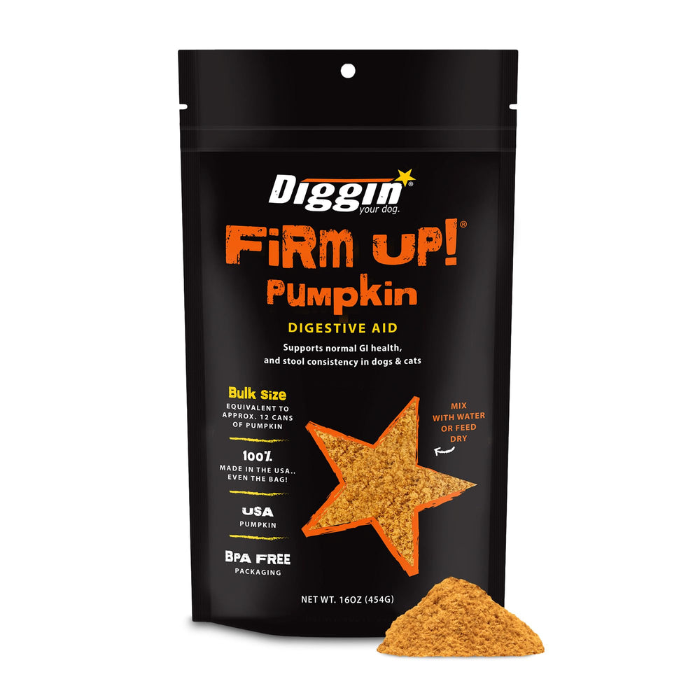 Botella de Diggin' Your Dog Firm Up Calabaza para apoyo digestivo.