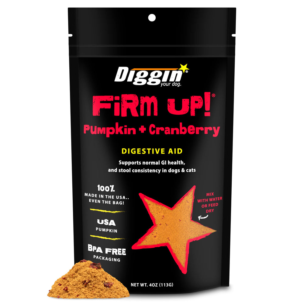 Diggin' Your Dog FiRM UP calabaza en polvo para apoyar la digestión diaria.