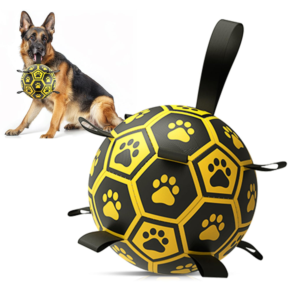 Diman balón de fútbol para perro con correas, ideal para recoger y jugar al aire libre.