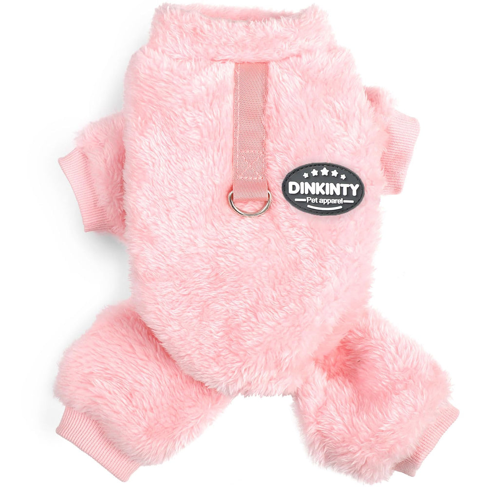 Pijama Dinkinty para perro rosa, vista frontal, cálido y cómodo.