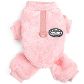 Pijama Dinkinty para perro rosa, vista frontal, mantiene calor y comodidad al paseo.