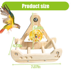 Rueda-ejercicio para aves de madera, promueve actividad física.