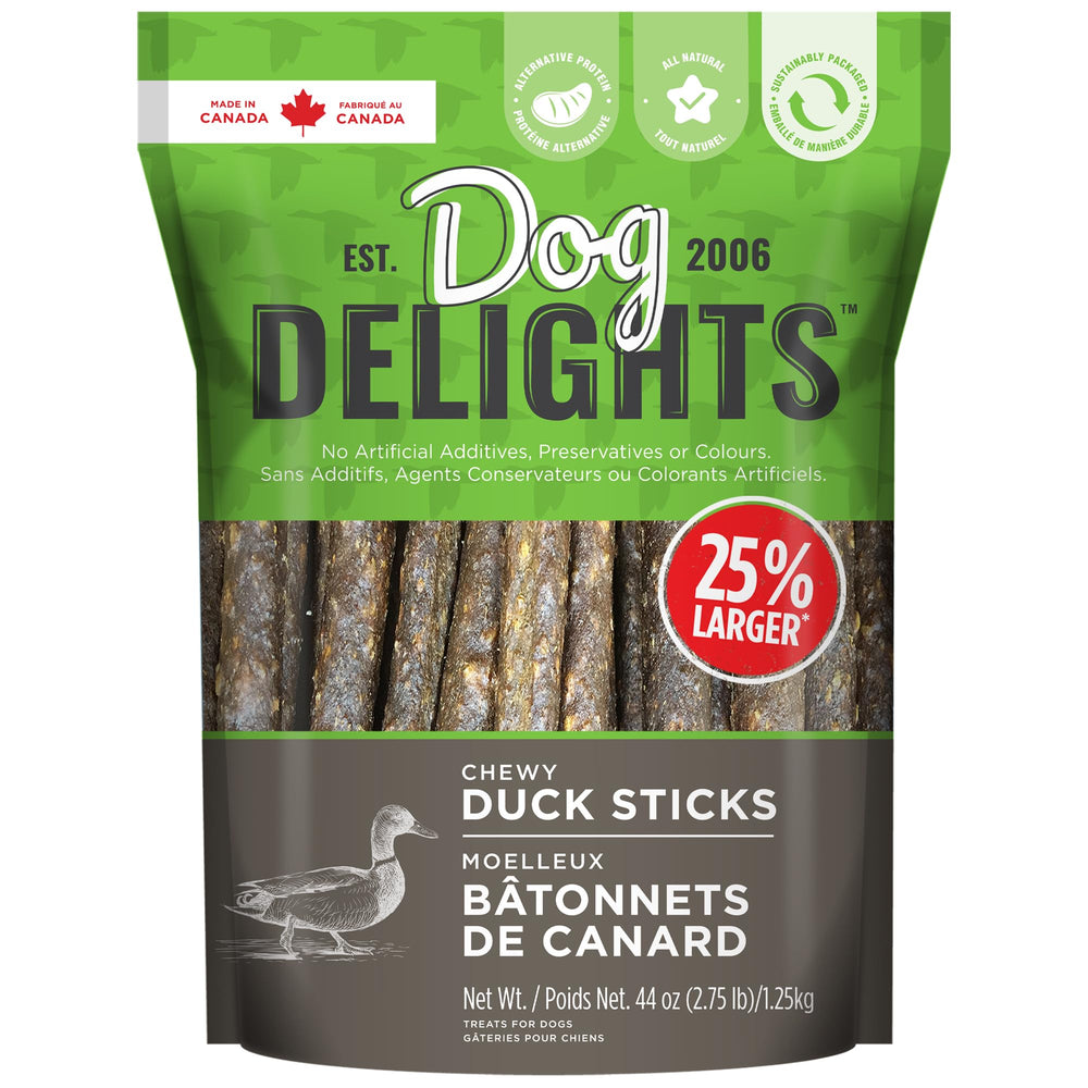 Dog Delights palitos masticables de pato, ideal como recompensa durante el entrenamiento.