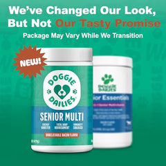 Doggie Dailies Senior Essentials, comprimidos dulces, sabor bacon para facilitar la toma.