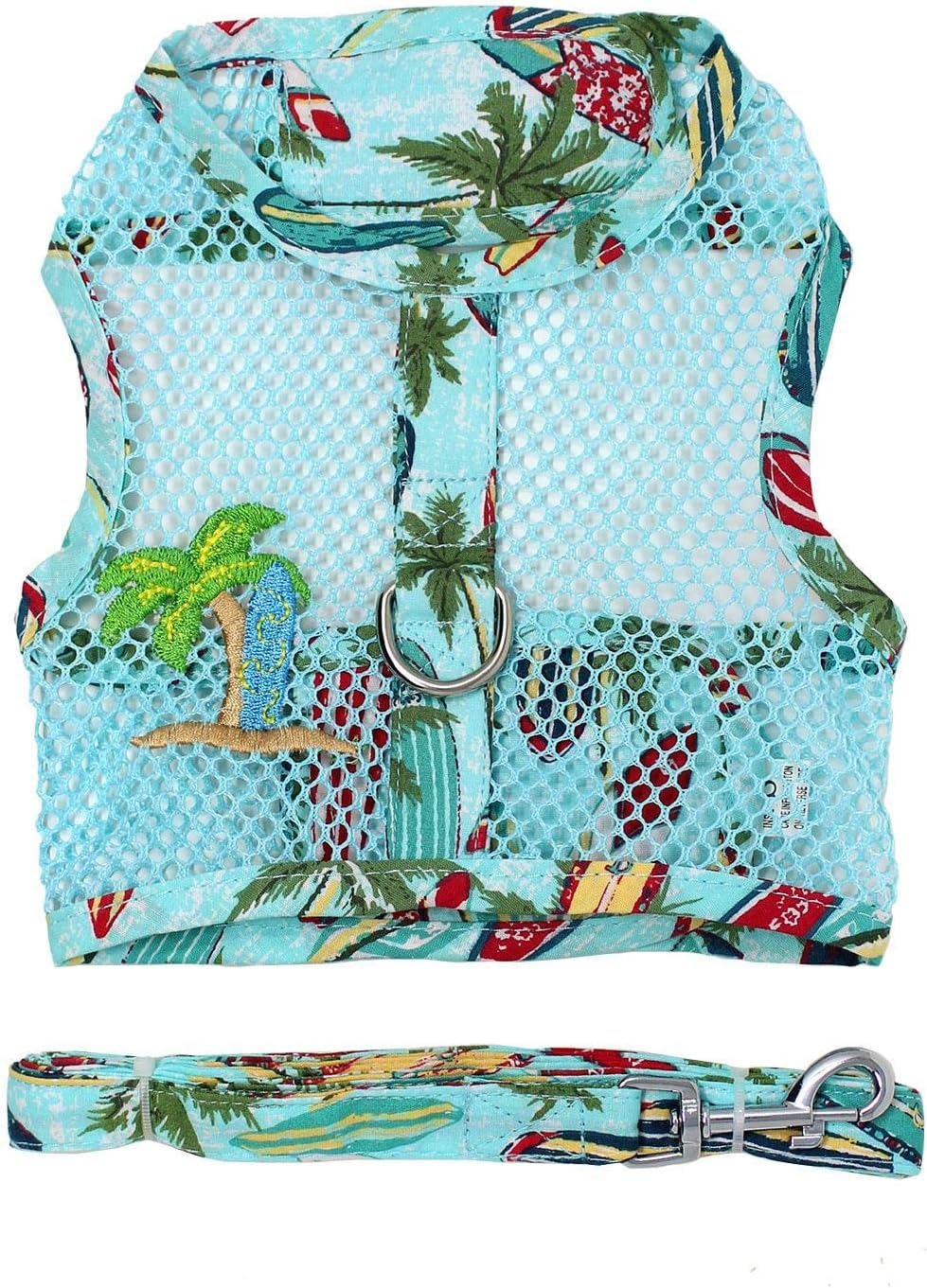 Arnés de malla fresca Doggie Design para días calurosos con diseño de tablas de surf y palmeras.