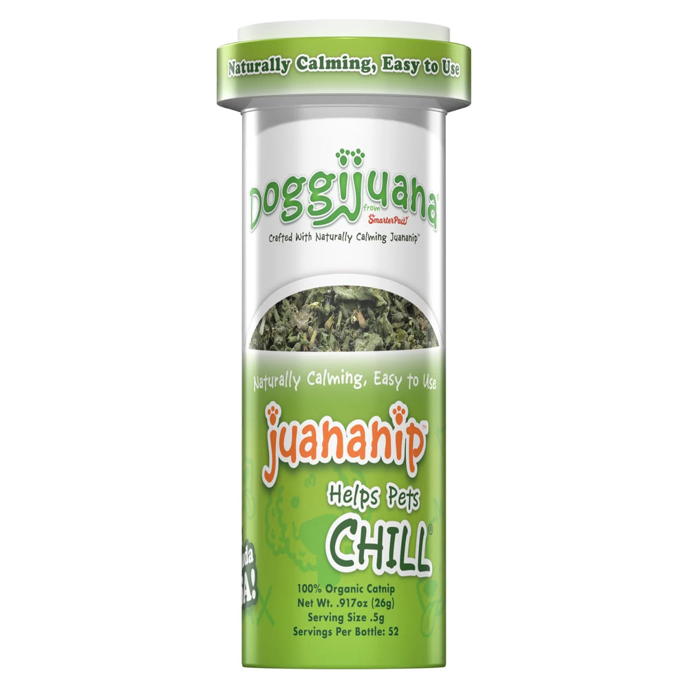 Botella de relleno Juananip de Doggijuana para perros, ideal para sesiones tranquilas.