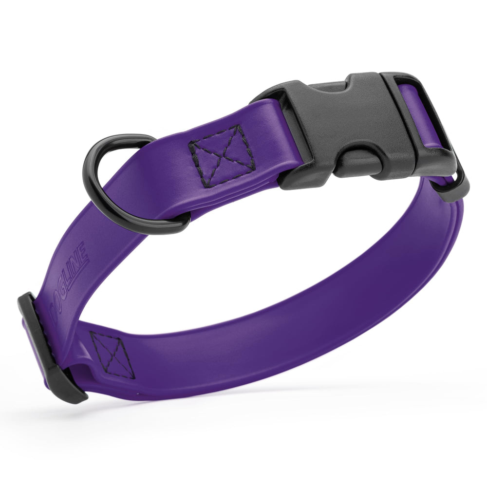 Dogline Biothane collar impermeable púrpura, fácil de limpiar tras juegos al aire libre.
