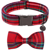 Collar DOGWONG con lazo navideño rojo de cuadros, cómodo para paseos festivos.
