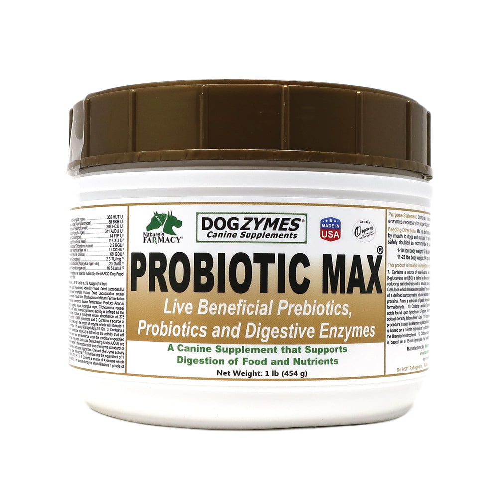 Dogzymes Probiotic Max, bote, ayuda a apoyar la salud digestiva diaria.