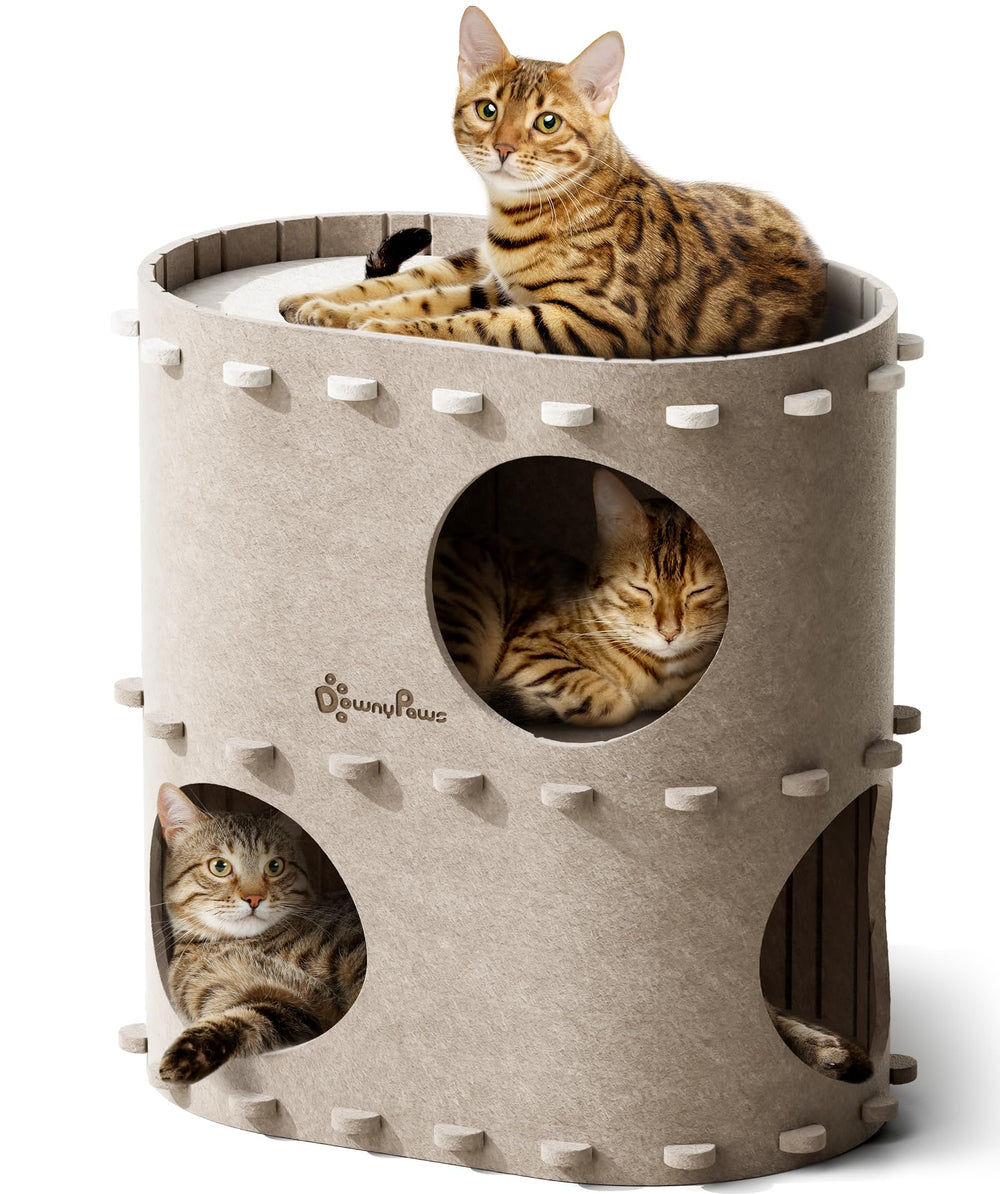 DownyPaws casa de gato con castillo 2 niveles para varios felinos, juego y descanso seguros