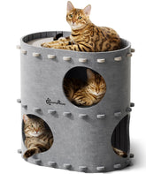 DownyPaws casa-gato interior de dos niveles ofrece refugio compartido para varios felinos.