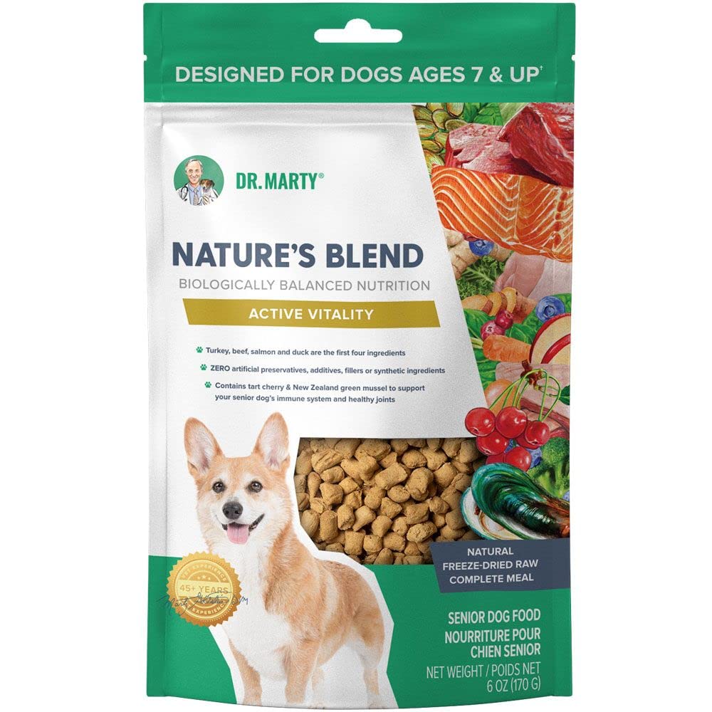 Dr. Marty Nature's Blend en bolsa, alimento liofilizado para perros mayores mejora vitalidad y movilidad.