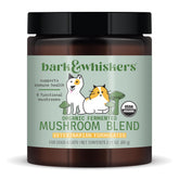 Dr. Mercola Bark Whiskers frasco de polvo fermentado para mascotas, posible soporte inmunológico.