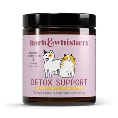 Dr. Mercola Bark & Whiskers Detox, botella frontal, apoyo suave para hígado y riñones.