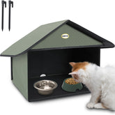 Estación de alimentación para gatos Dreyoo con techo inclinado mantiene la comida seca al aire libre.