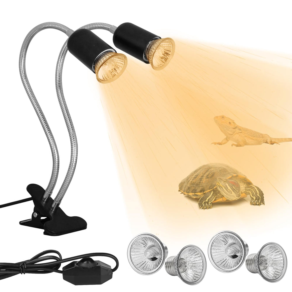 Lámpara de calor DUMILOO de doble cabeza para reptiles, amplia zona de iluminación.