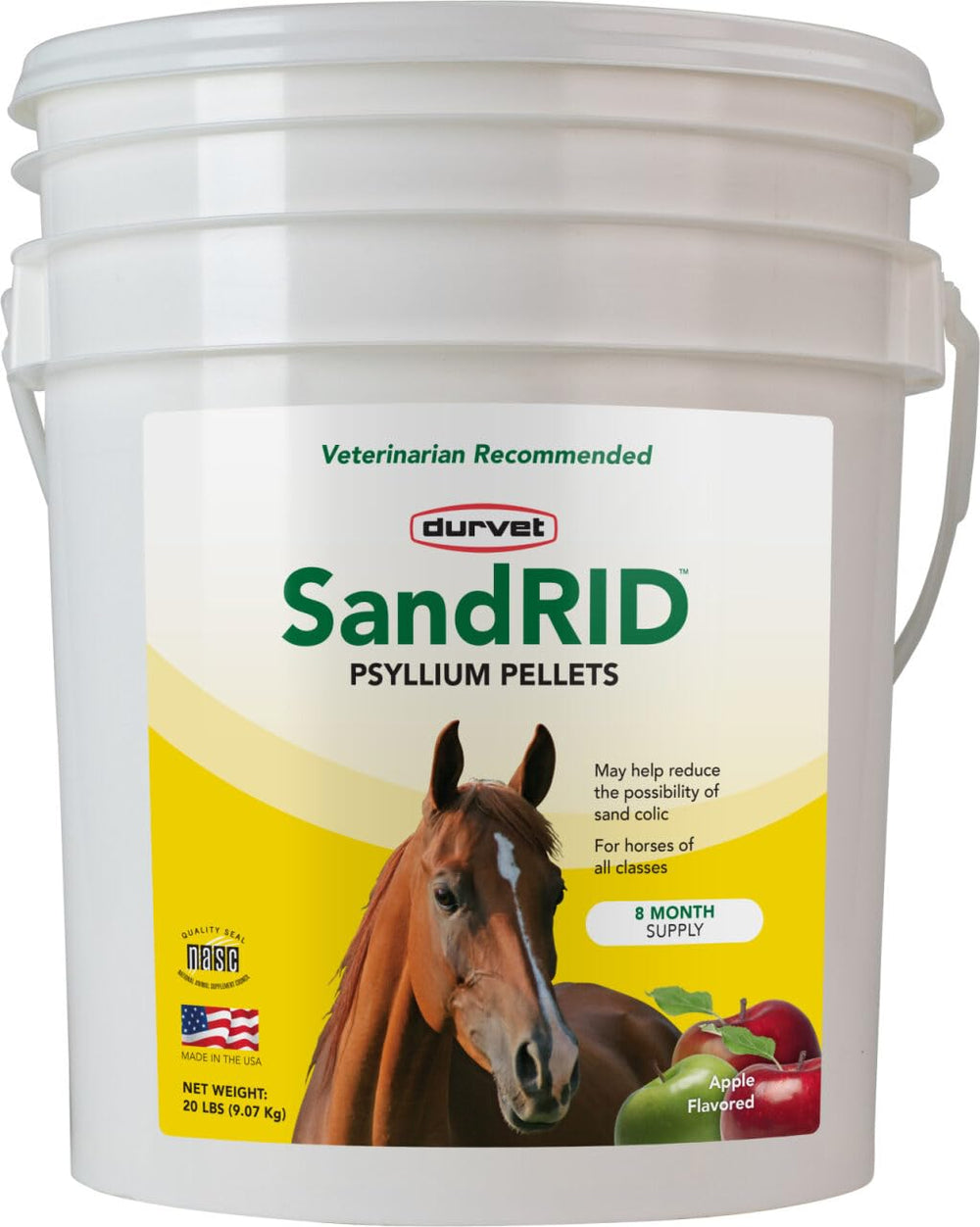 Durvet Sandrid en bote con granulado de psilio para caballos, apoya la regularidad.