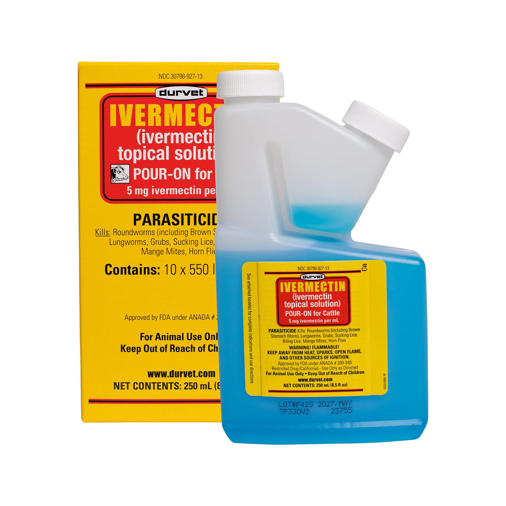 Durvet Ivermectin Pour-On 250ml bottle for cattle deworming and health support.