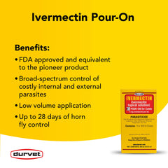 Durvet Ivermectin Pour-On bottle closeup highlighting user-friendly packaging.