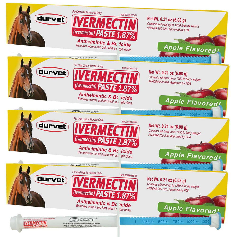 Durvet ivermectina en empaque de 4, gel de pasta sabor manzana para desparasitar caballos