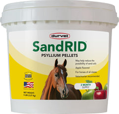Durvet Sandrid Psyllium Pellets para caballos, soporte digestivo diario y fácil de administrar.