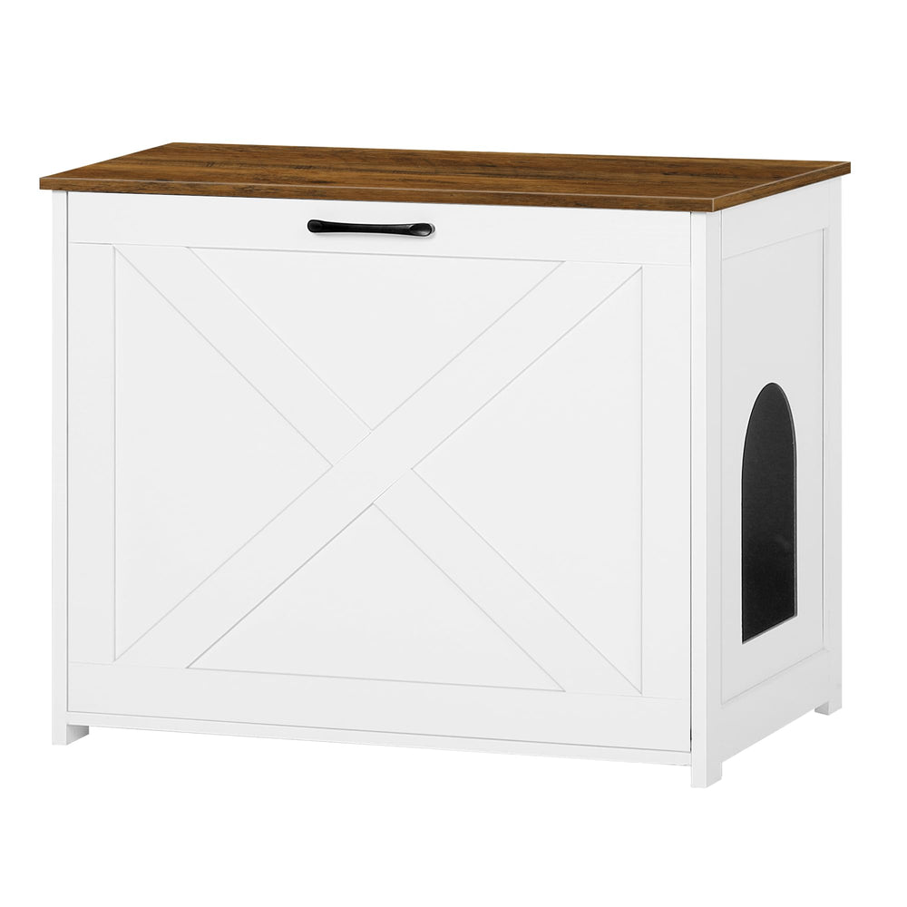 Dwanton caja de arena oculta para gatos, mueble blanco y marrón, uso discreto en sala
