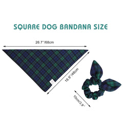 Pañuelo ajustable para cuello de perro, E-Clover, patrón a cuadros verde-azul.