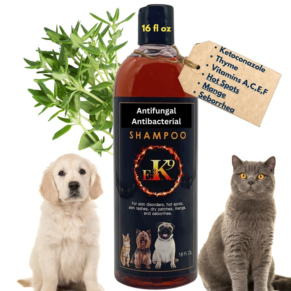 E3K9 champú medicado para perros y gatos, botella visible, tratamiento antifúngico.