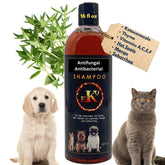 E3K9 champú medicado para perros y gatos, botella visible, tratamiento antifúngico.