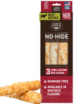 Earth Animal No Hide Chews rollos grandes en empaque práctico para perros grandes.