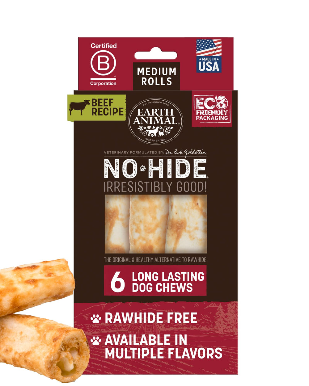 Earth Animal No Hide Chews rollos mediano, masticación duradera para perros mediano