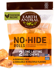 Earth Animal No Hide Chews, rollos pequeños de pollo, ideales para masticar.
