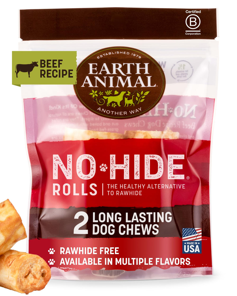 Earth Animal No Hide Chews: rollos pequeños para perros, masticación sostenida.
