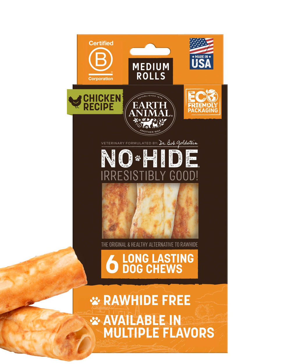 Earth Animal No Hide Chews: rollos de pollo para masticación prolongada y satisfacción.