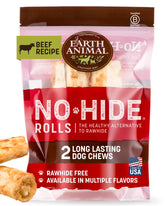 Earth Animal No Hide Chews rollos de res para perros medianos, masticación prolongada y limpia.