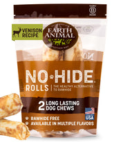 Earth Animal No Hide Chews: rollos de venison para perros medianos, ideal para masticación prolongada.