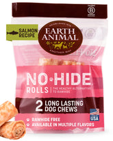 Earth Animal No Hide Chews salmón rollos 2 unidades, masticación prolongada para perros pequeños.