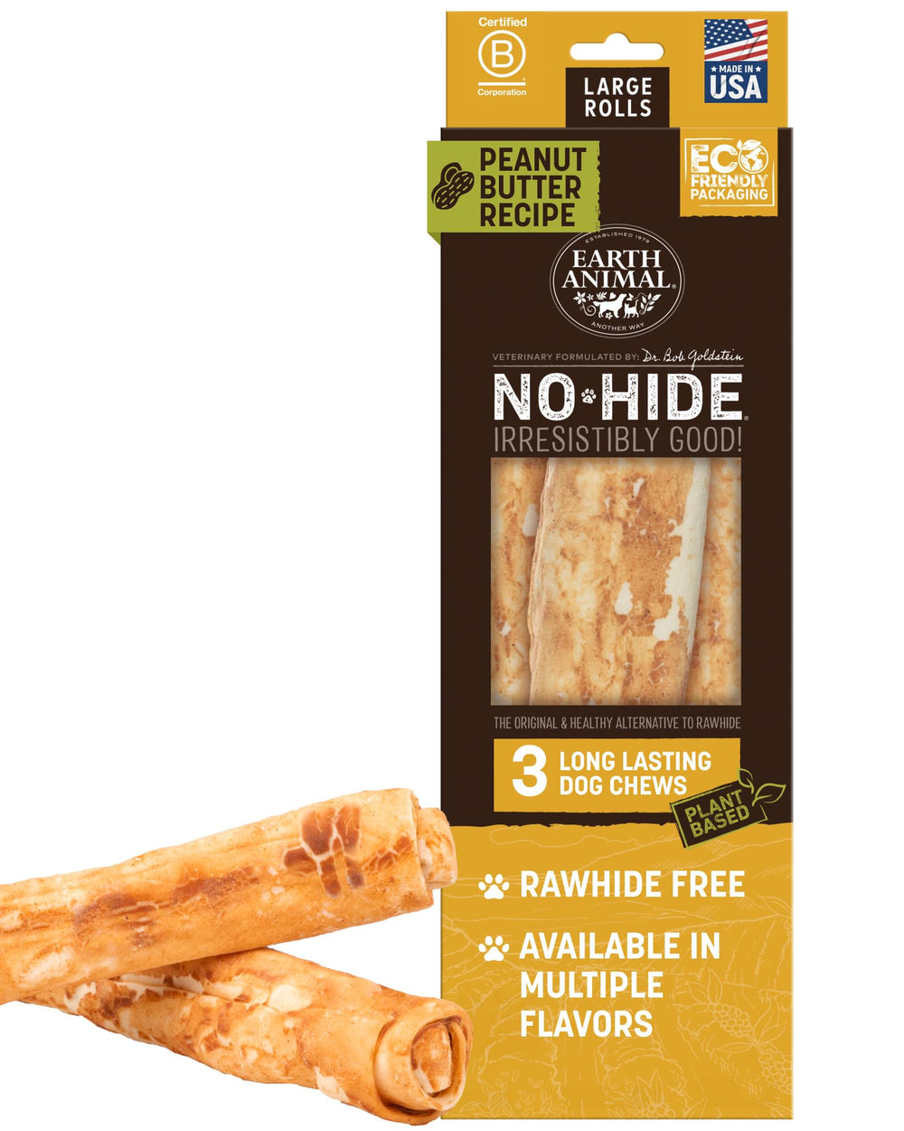 Earth Animal No Hide Rollos grandes con mantequilla de maní para perros