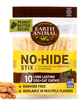 Earth Animal No Hide Stix, vista frontal del paquete, snack sin cuero crudo para mascotas pequeñas.