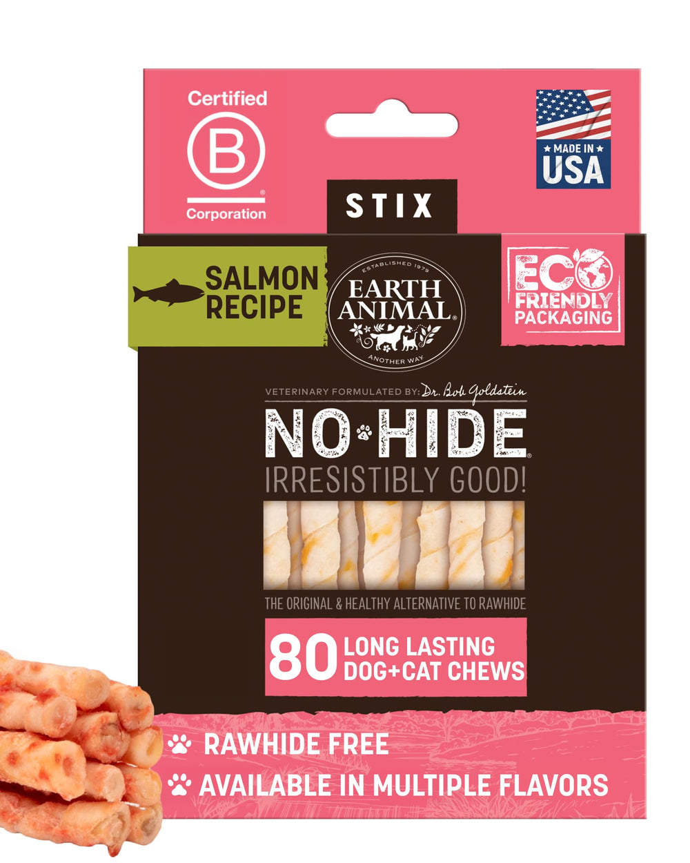 Earth Animal No Hide Stix salmón en empaque de 80 unidades para perros pequeños.