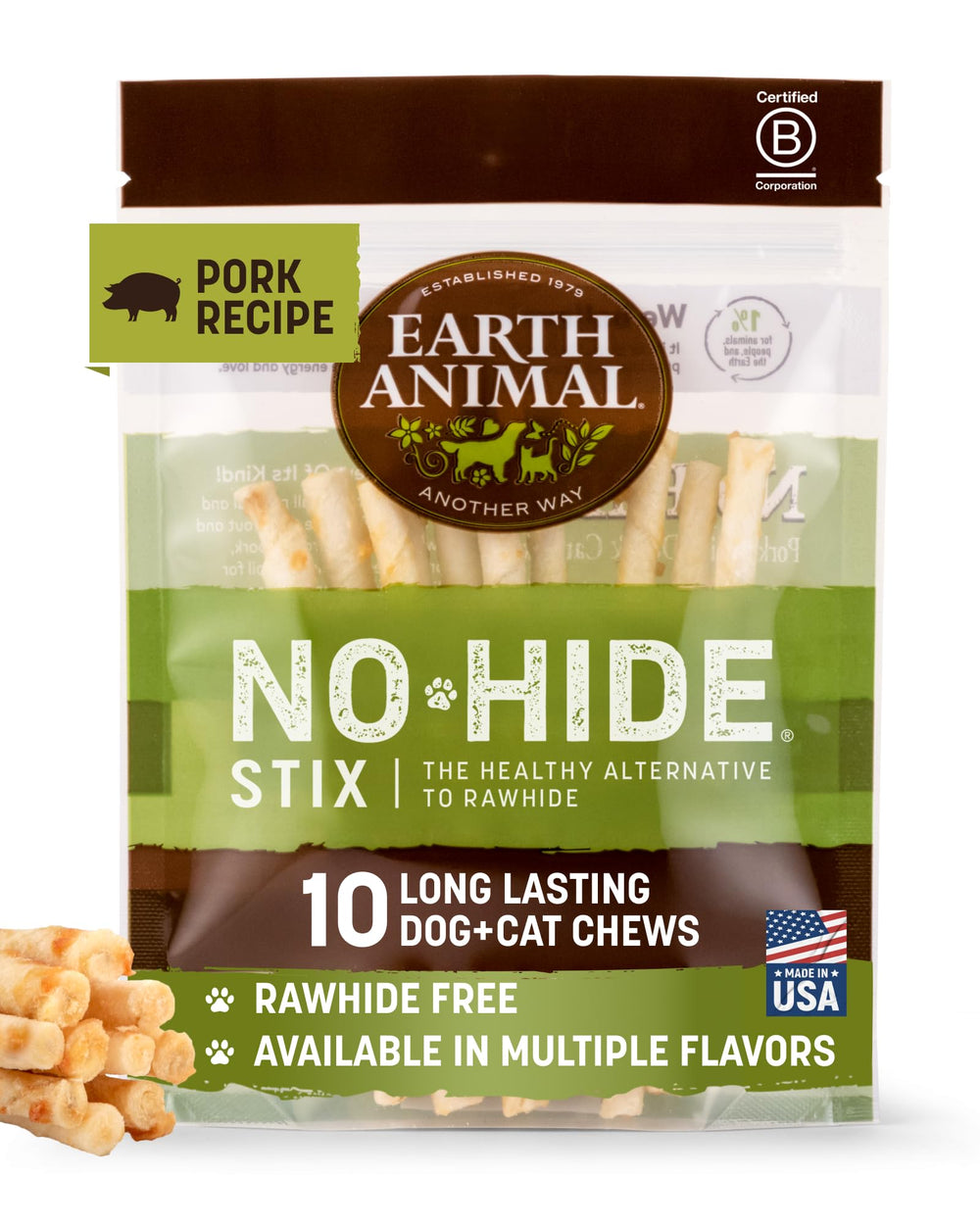 Earth Animal No Hide Stix textura cerdo, masticable para perros pequeños