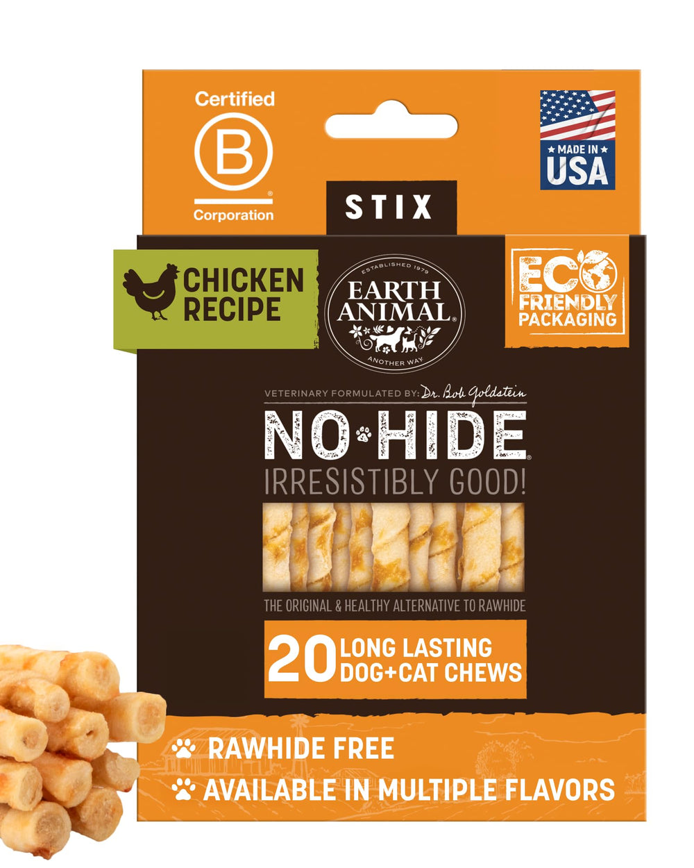 Earth Animal No Hide Stix, tiras de pollo para perros pequeños, favorece la masticación segura
