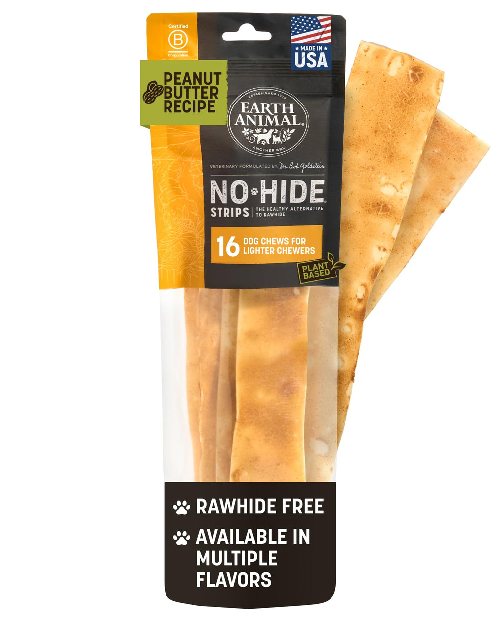 Earth Animal No Hide Strips mantequilla cacahuate, snack sabroso y fácil de masticar.