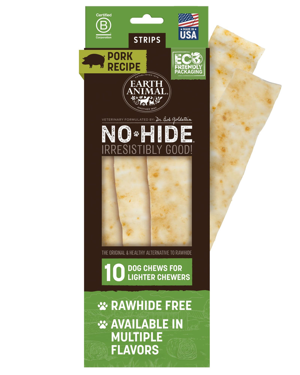 Earth Animal No-Hide Strips, paquete de 10, snack natural para perros, posible apoyo dental.