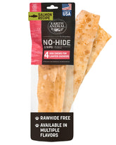 Earth Animal No Hide Strips de salmón, empaque práctico para mordidas controladas.