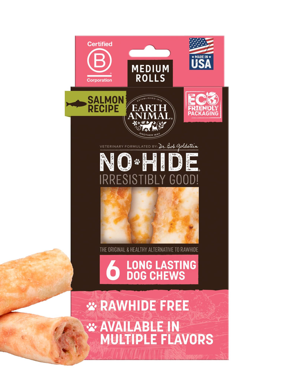 Earth Animal sin piel masticables de salmón para perros medianos, diversión duradera.