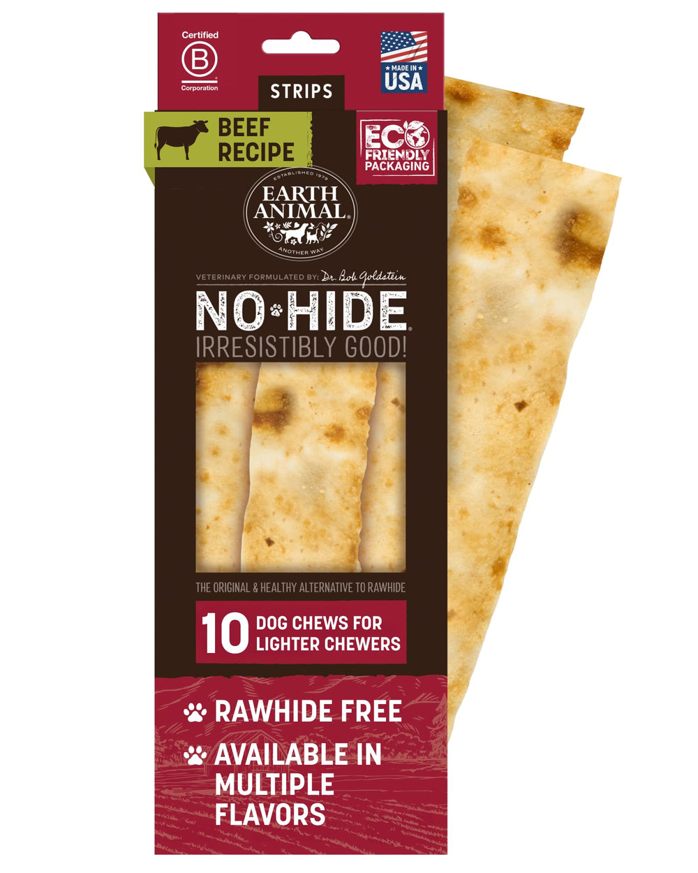 Earth Animal Tiras sin piel de res: paquete de 10 tiras masticables para perros.