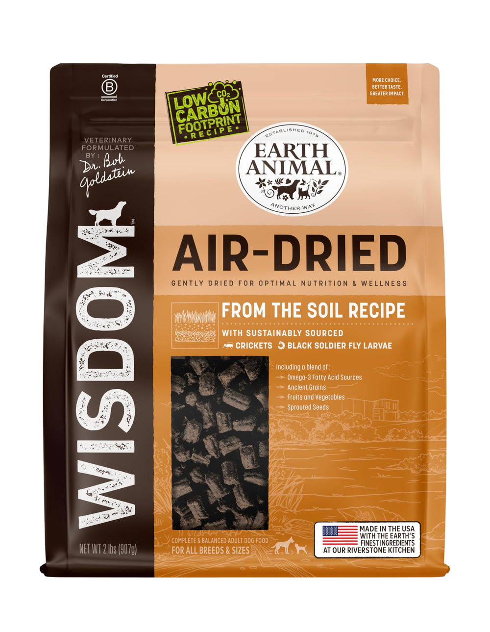 Earth Animal Wisdom en bolsa de 2 lb, alimento al aire para perros adultos.