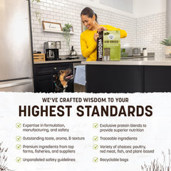Earth Animal Wisdom, ingredientes premium visibles, sabor natural y textura atractiva.