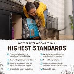 Earth Animal Wisdom, mezcla de pescados y mariscos, proteína premium para perros selectos.